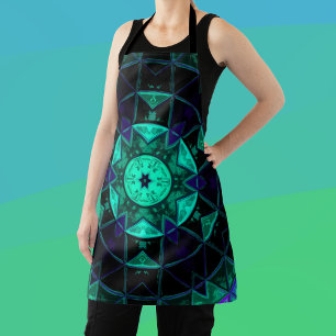 Mosaic Kaleidoscope Flower Teal Black and Blue Apron