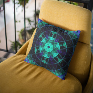 Mosaic Kaleidoscope Flower Teal Black and Blue Cushion