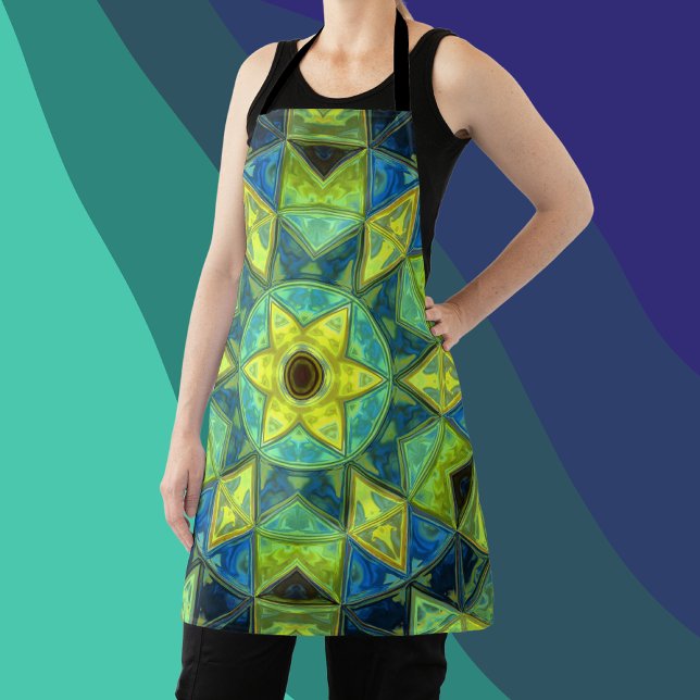 Mosaic Kaleidoscope Flower Yellow and Blue Apron (Creator Uploaded)