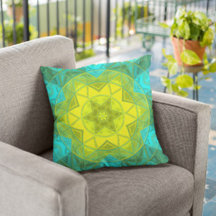 Mosaic Kaleidoscope Flower Yellow and Blue Cushion