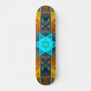 Mosaic Kaleidoscope Flower Yellow and Blue Skateboard