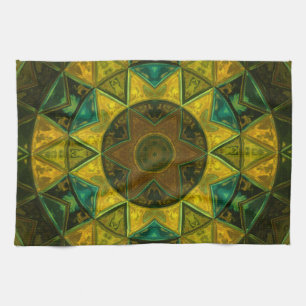 Mosaic Kaleidoscope Flower Yellow and Green Tea Towel