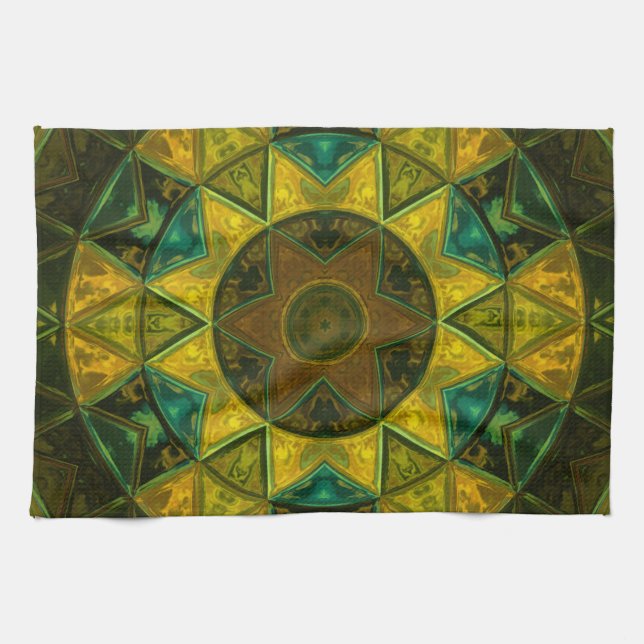 Mosaic Kaleidoscope Flower Yellow and Green Tea Towel (Horizontal)