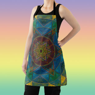 Mosaic Kaleidoscope Flower Yellow Blue and Green Apron