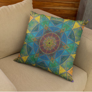 Mosaic Kaleidoscope Flower Yellow Blue and Green Cushion