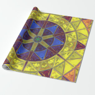 Mosaic Kaleidoscope Flower Yellow Blue and Orange Wrapping Paper