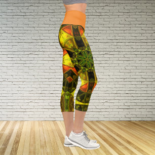 Mosaic Kaleidoscope Flower Yellow Green and Orange Capri Leggings