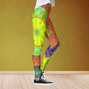 Mosaic Kaleidoscope Flower Yellow Green and Orange Leggings