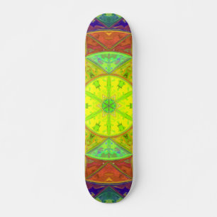 Mosaic Kaleidoscope Flower Yellow Green and Orange Skateboard