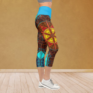 Mosaic Kaleidoscope Flower Yellow Orange and Blue Capri Leggings