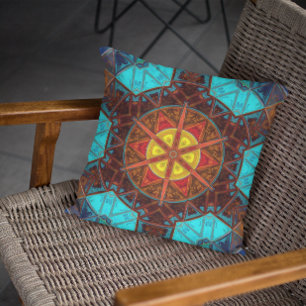 Mosaic Kaleidoscope Flower Yellow Orange and Blue Cushion