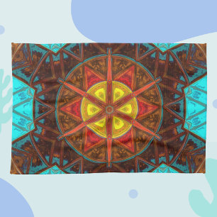 Mosaic Kaleidoscope Flower Yellow Orange and Blue Tea Towel