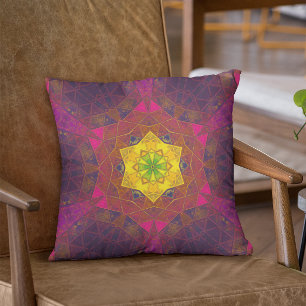 Mosaic Kaleidoscope Flower Yellow Purple and Pink Cushion
