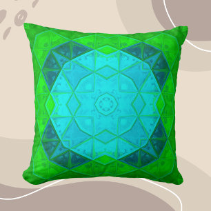 Mosaic Kaleidoscope Square Green and Blue Cushion
