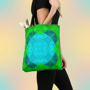 Mosaic Kaleidoscope Square Green and Blue Tote Bag