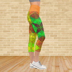 Mosaic Kaleidoscope Square Green Yellow and Orange Capri Leggings