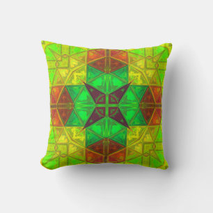 Mosaic Kaleidoscope Square Green Yellow and Orange Cushion