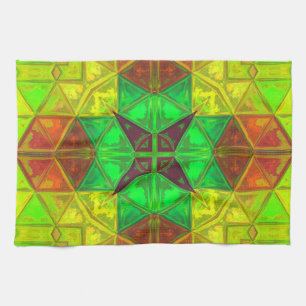 Mosaic Kaleidoscope Square Green Yellow and Orange Tea Towel