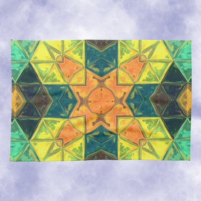 Mosaic Kaleidoscope Square Orange Yellow and Green Tea Towel (Creator Uploaded)