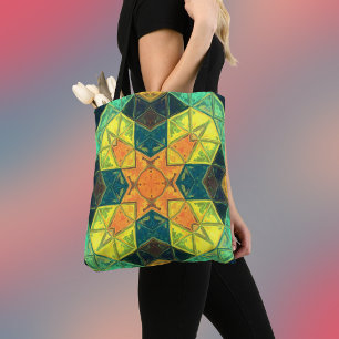 Mosaic Kaleidoscope Square Orange Yellow and Green Tote Bag