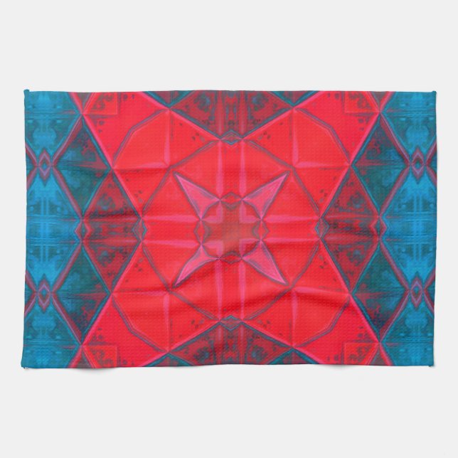 Mosaic Kaleidoscope Square Red and Blue Tea Towel (Horizontal)