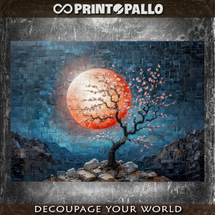 Mosaic landscape with red sun and a cherry tree tissue paper