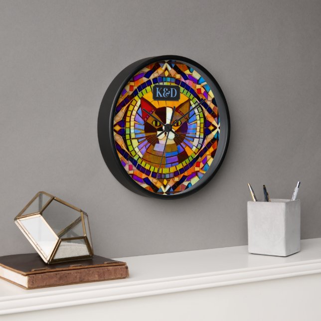 Mosaic Look Cat with Monograms or Name colourful Clock (Office)