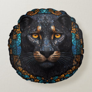 Mosaic Majesty: The Black Panther Round Cushion