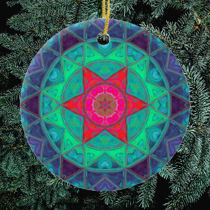 Mosaic Mandala Blue Green and Red Ceramic Ornament