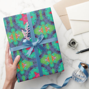 Mosaic Mandala Blue Green and Red Wrapping Paper