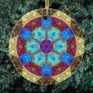 Mosaic Mandala Blue Pink and Yellow Ceramic Ornament