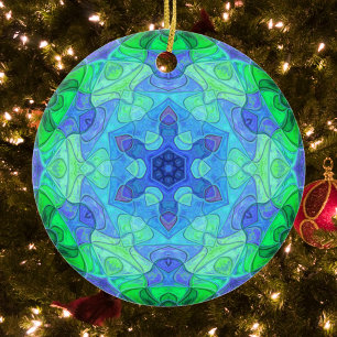 Mosaic Mandala Flower Blue and Green Ceramic Ornament