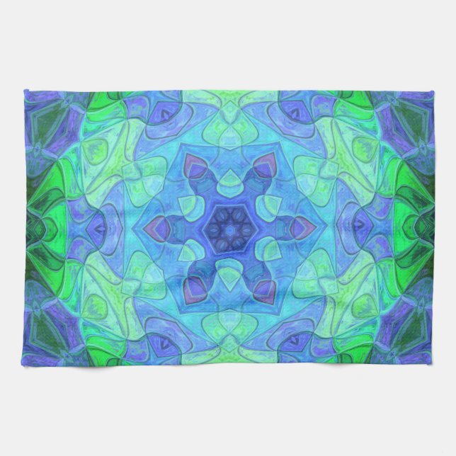 Mosaic Mandala Flower Blue and Green Tea Towel (Horizontal)