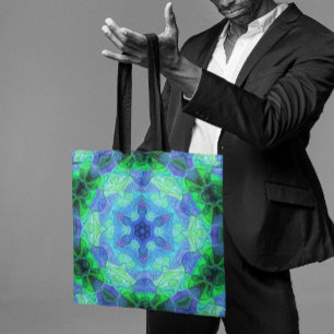 Mosaic Mandala Flower Blue and Green Tote Bag