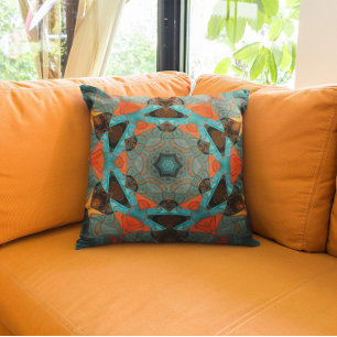 Mosaic Mandala Flower Blue and Orange Cushion