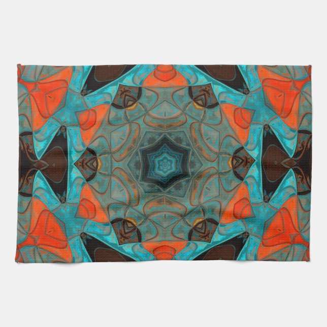 Mosaic Mandala Flower Blue and Orange Tea Towel (Horizontal)