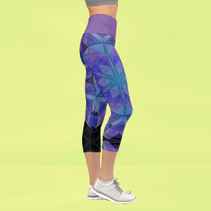 Mosaic Mandala Flower Blue and Purple Capri Leggings