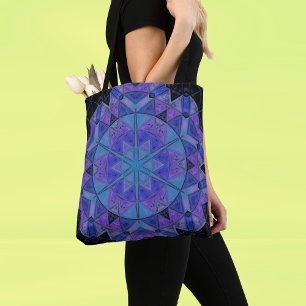Mosaic Mandala Flower Blue and Purple Tote Bag