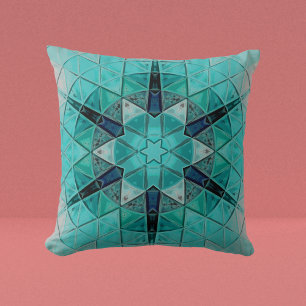 Mosaic Mandala Flower Blue and White Cushion