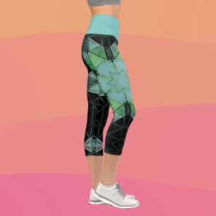 Mosaic Mandala Flower Blue Green and Black Capri Leggings
