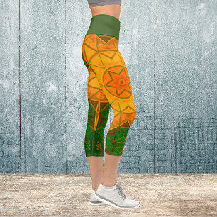 Mosaic Mandala Flower Green and Yellow Capri Leggings