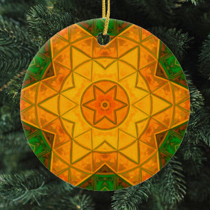 Mosaic Mandala Flower Green and Yellow Ceramic Ornament
