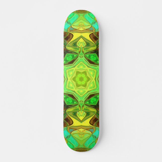 Mosaic Mandala Flower Green Blue and Yellow Skateboard (Front)