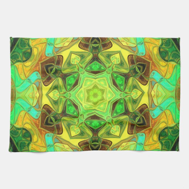 Mosaic Mandala Flower Green Blue and Yellow Tea Towel (Horizontal)