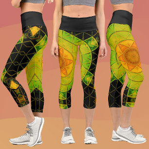 Mosaic Mandala Flower Green Orange and Black Capri Leggings