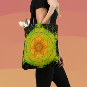 Mosaic Mandala Flower Green Orange and Black Tote Bag