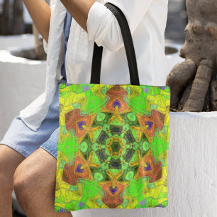 Mosaic Mandala Flower Green Orange and Yellow Tote Bag