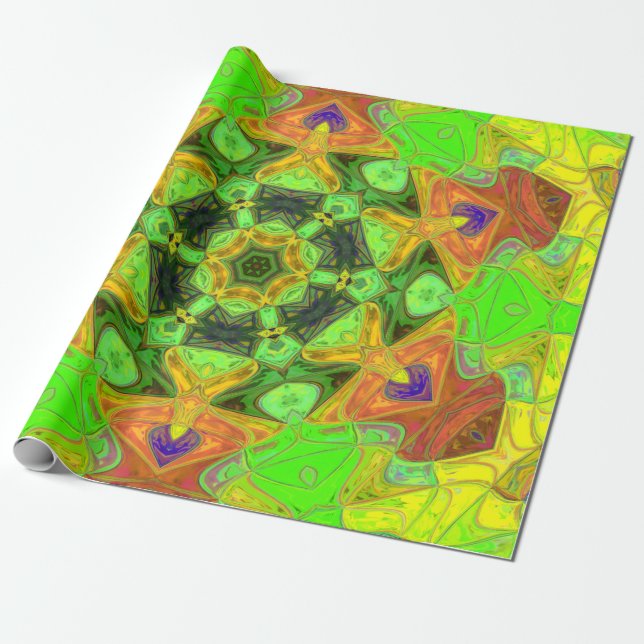 Mosaic Mandala Flower Green Orange and Yellow Wrapping Paper (Unrolled)