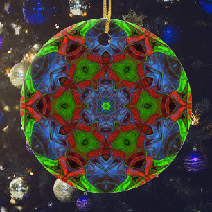 Mosaic Mandala Flower Green Red and Blue Ceramic Ornament