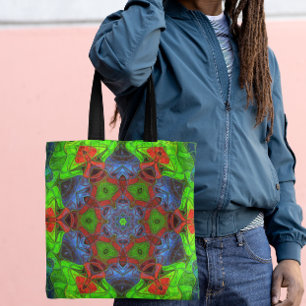 Mosaic Mandala Flower Green Red and Blue Tote Bag